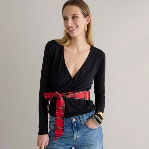 J. Crew Tops - J. Crew Black Wrap Long Sleeve Top with Plaid Bow